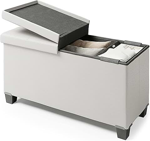 White Storage Ottoman Bench with Bins, 30-In