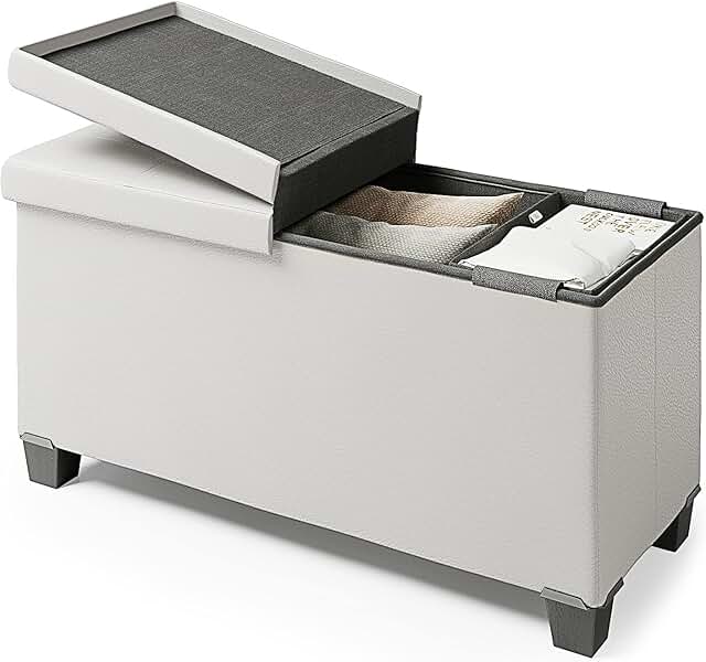 White Storage Ottoman Bench with Bins, 30-In
