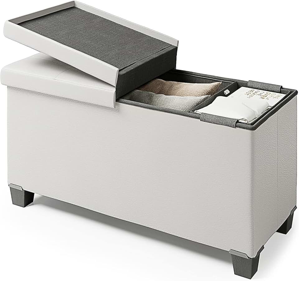 White Storage Ottoman Bench with Bins, 30-In