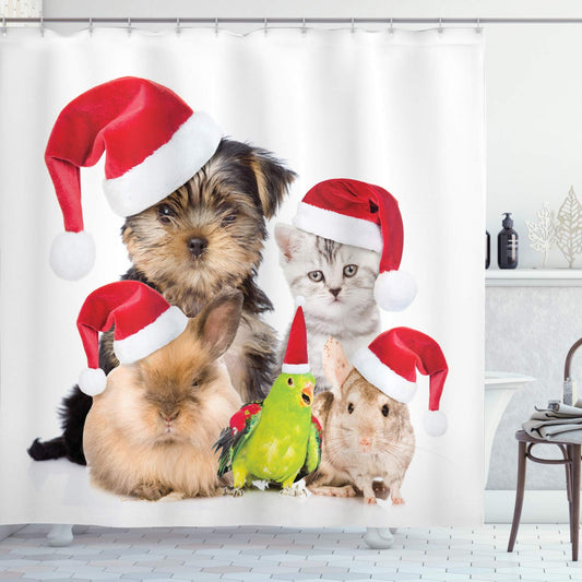 Shower Curtain, Xmas Crew Cat Dog Bird Mouse and Rabbit Bunny with Santa Hats Grumpy Pets Picture, Cloth Fabric Bathroom Decor Set with Hooks, 69" W x 84" L, Red Brown