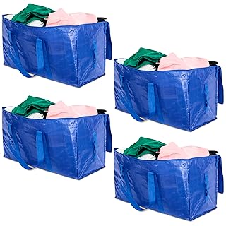 Four large blue moving storage bags with handles
