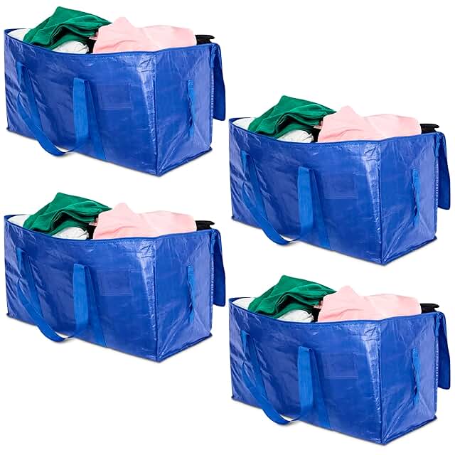 Four large blue moving storage bags with handles