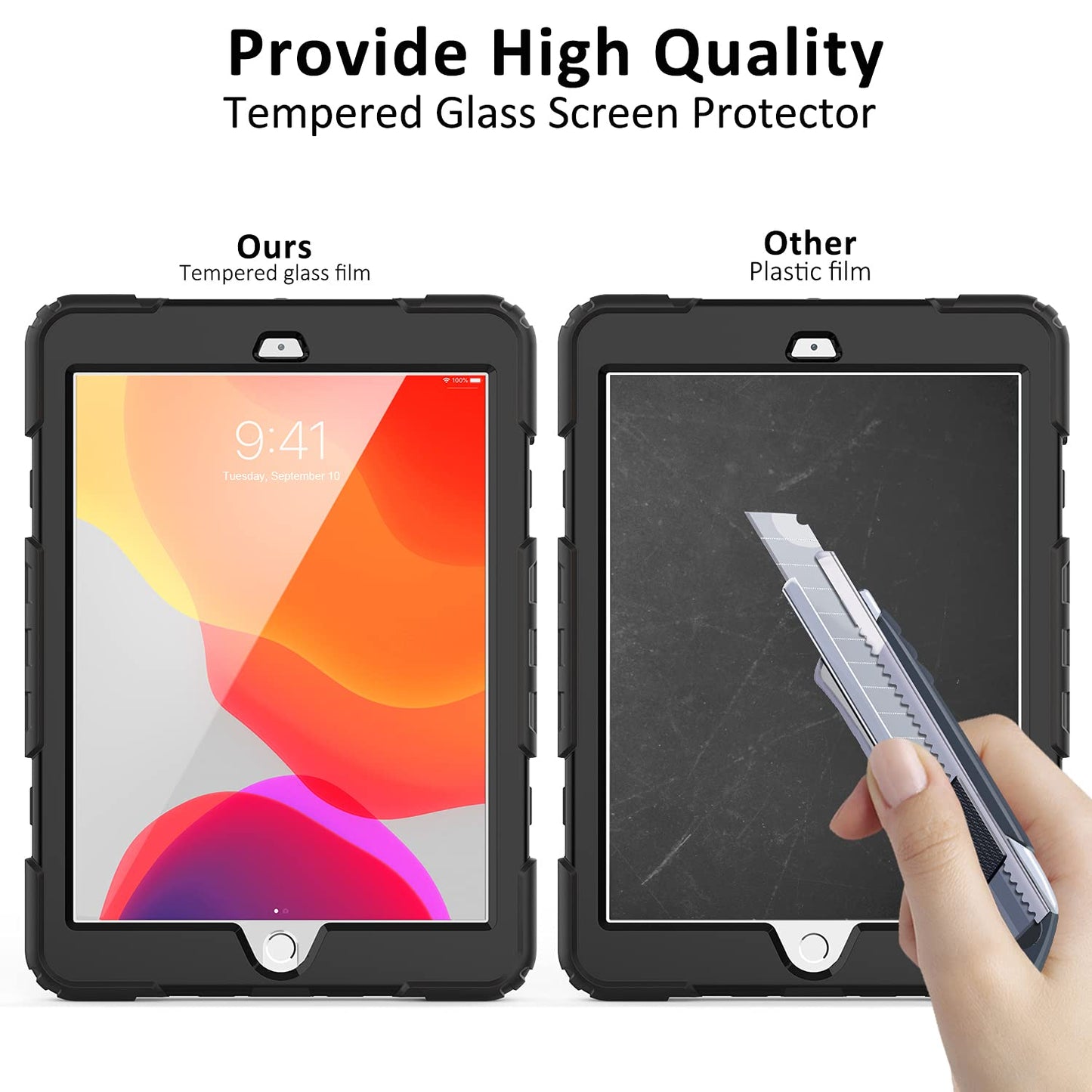 iPad 9th/8th/7th Generation Case, iPad 10.2 Case 2021/2020/2019, [Kid Proof] Full Body Protective Case with 9H Tempered Glass Screen Protector, 360 Rotatable Kickstand & Hand Strap (Black)