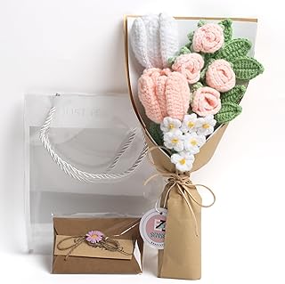 Handmade Pink Crochet Flower Bouquet with Card and Bag