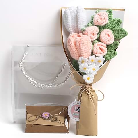 Handmade Pink Crochet Flower Bouquet with Card and Bag