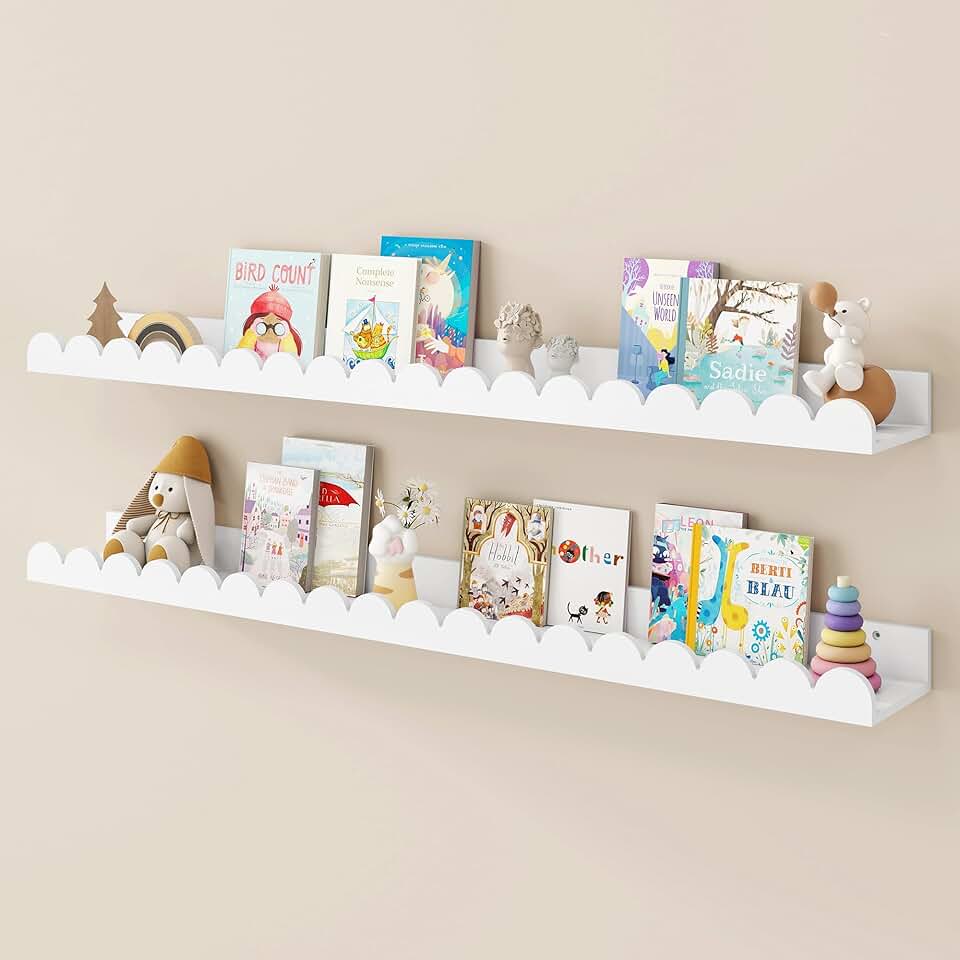 Set of 2 White Scalloped Nursery Shelves for Kids Rooms