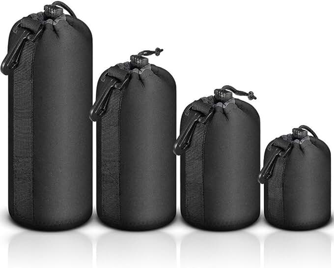 Set of four neoprene lens cases in small, medium, large, and extra large sizes