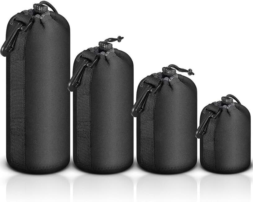 Set of four neoprene lens cases in small, medium, large, and extra large sizes