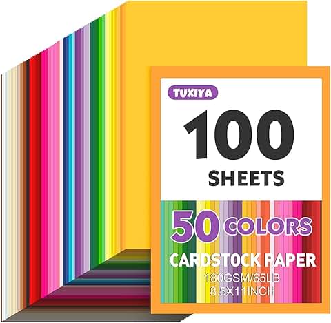 100 Sheets 8.5" x 11" Colored Cardstock, 50 Colors, 180 GSM