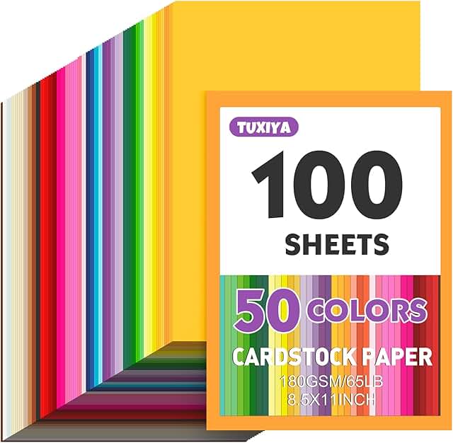 100 Sheets 8.5" x 11" Colored Cardstock, 50 Colors, 180 GSM