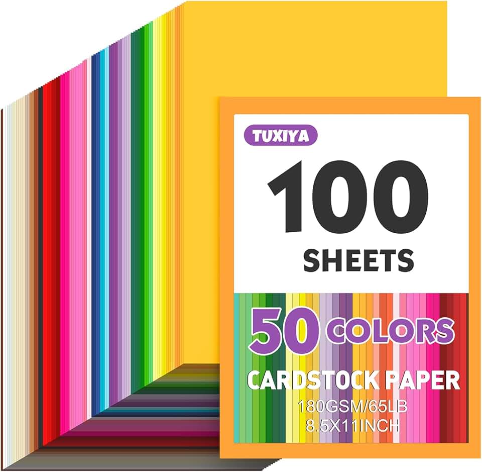 100 Sheets 8.5" x 11" Colored Cardstock, 50 Colors, 180 GSM