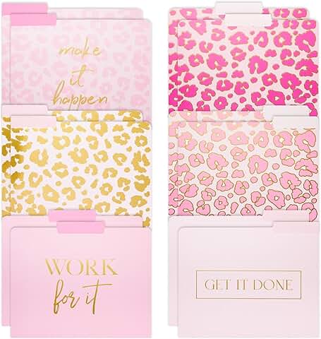 Decorative Pink File Folders with Gold Leopard Prints, Pack of 12