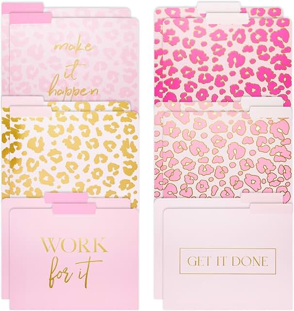 Decorative Pink File Folders with Gold Leopard Prints, Pack of 12