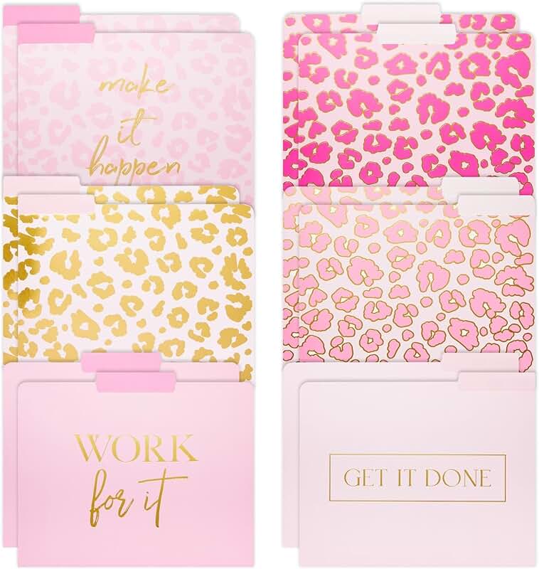 Decorative Pink File Folders with Gold Leopard Prints, Pack of 12