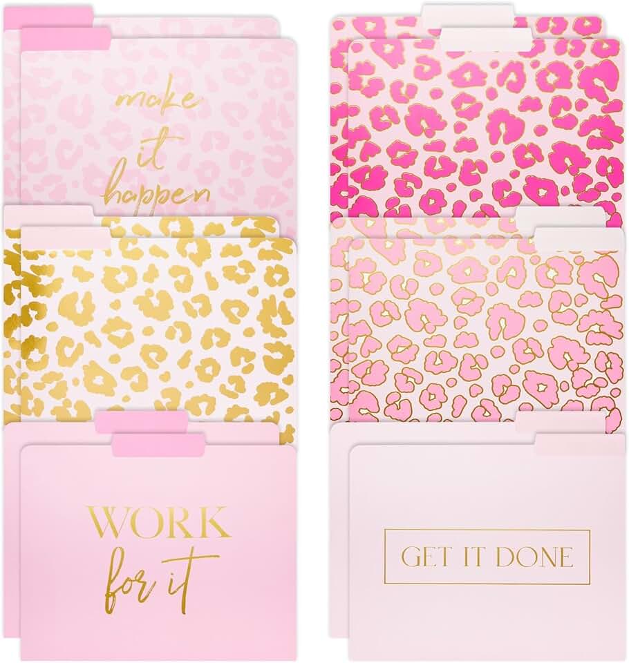 Decorative Pink File Folders with Gold Leopard Prints, Pack of 12