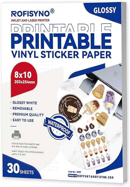 Waterproof 8x10 Printable Vinyl Sticker Sheets, 30 Pack