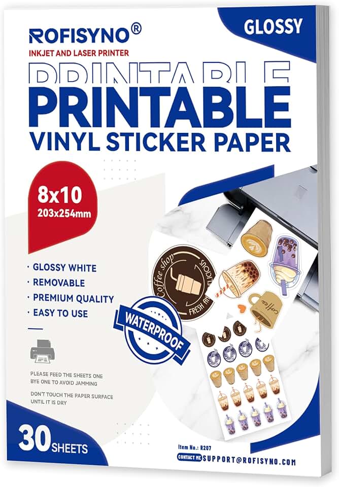 Waterproof 8x10 Printable Vinyl Sticker Sheets, 30 Pack