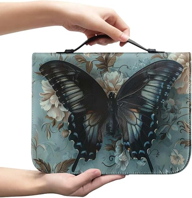 Large Blue Butterfly Floral Bible Cover with Handle