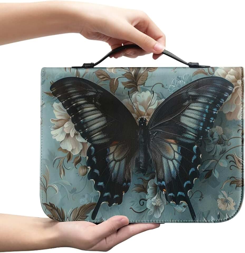 Large Blue Butterfly Floral Bible Cover with Handle