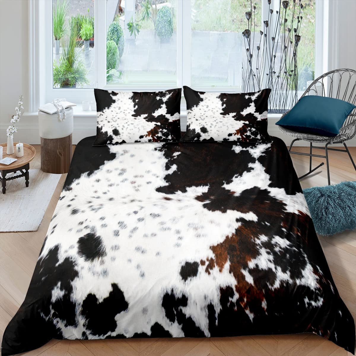 Cowhide Duvet Cover Queen Size, White Black Brown Cow Bedding Set 3Pcs for Kids Teen Adult Room Decor, Abstract Animal Print Comforter Cover Farmhouse Quilt Cover with 2 Pillowcases