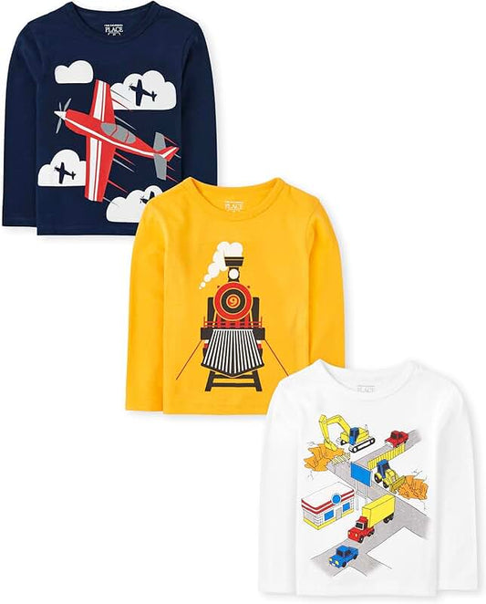 Three-Pack Long Sleeve Dino and Animal T-Shirts for Baby Boys