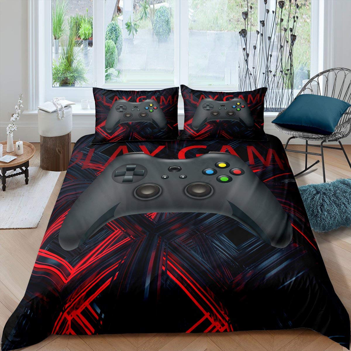 Gaming Bedding Set Gamepad Duvet Cover Queen Kids Boys Girls Gamepad Comforter Videogame Controller Quilt Cover,Modern Decorative 3 Pcs Bedding Set with 2 Pillow Shams,Black
