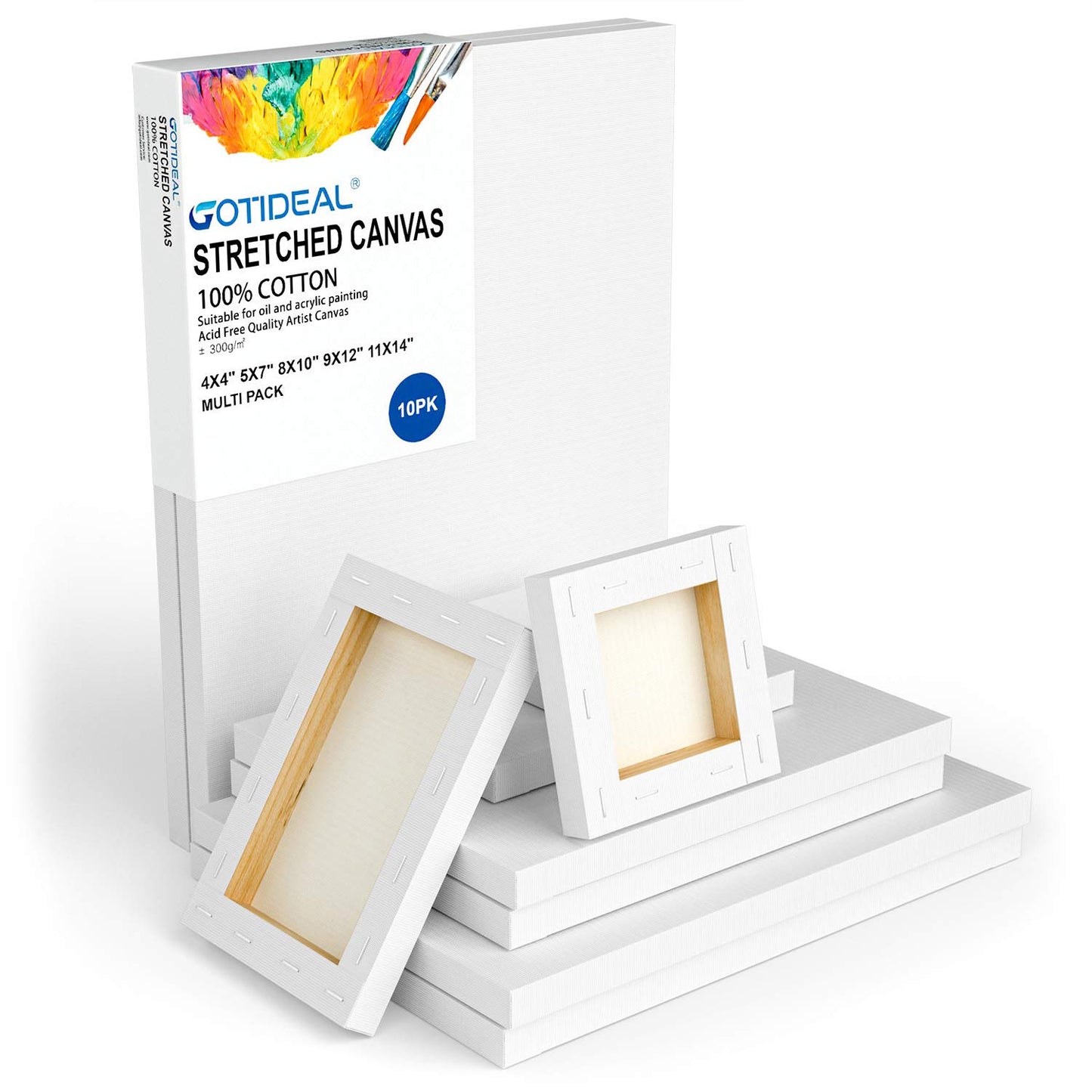 Set of 10 Pre-Stretched Cotton Canvas Boards in Multiple Sizes