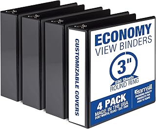Set of four 3-inch black round ring binders with clear covers