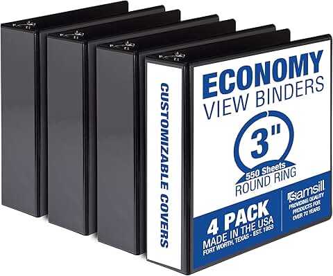 Set of four 3-inch black round ring binders with clear covers