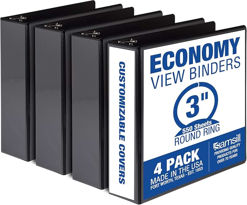 Set of four 3-inch black round ring binders with clear covers