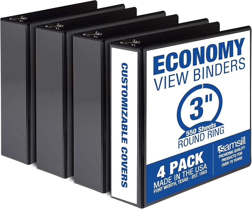 Set of four 3-inch black round ring binders with clear covers