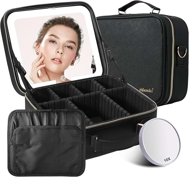 Travel Makeup Bag with Lighted Mirror and Organizer