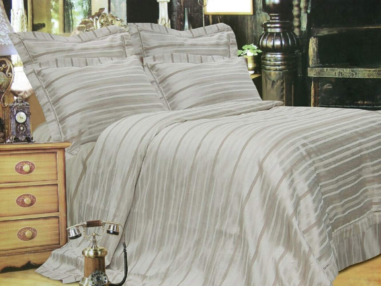 Platinum Stripe Pattern, Ultra Soft Polyester Jacquard, 250 Thread Count, Silver, Full, 8 Piece, Bedding Duvet Cover Set for Two Beds