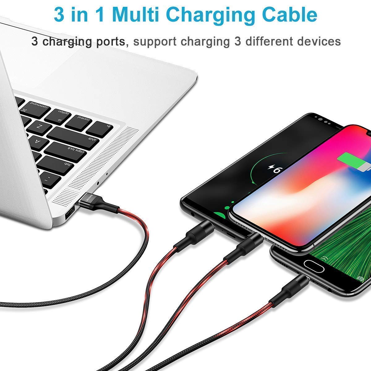 [2 Pack] Multi Charging Cable,YO 3 in 1 Nylon Braided Multi USB Cable Multiple Charger Fast Charging Cord Compatible with Most Smart Phones & Pads - 5ft/ Black