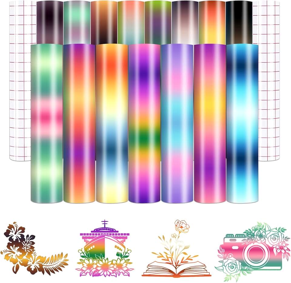 15 Sheets of Gradient Rainbow Permanent Vinyl for Mugs and Decor