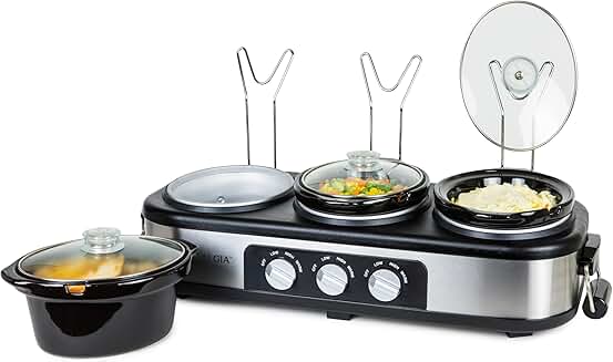 3-Station Stainless Steel Slow Cooker with Lid and Spoon Rest