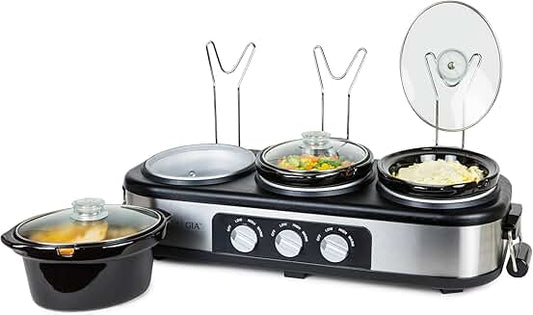 3-Station Stainless Steel Slow Cooker with Lid and Spoon Rest