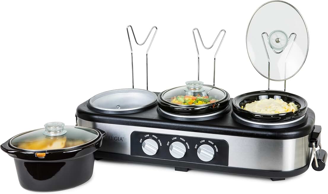 3-Station Stainless Steel Slow Cooker with Lid and Spoon Rest