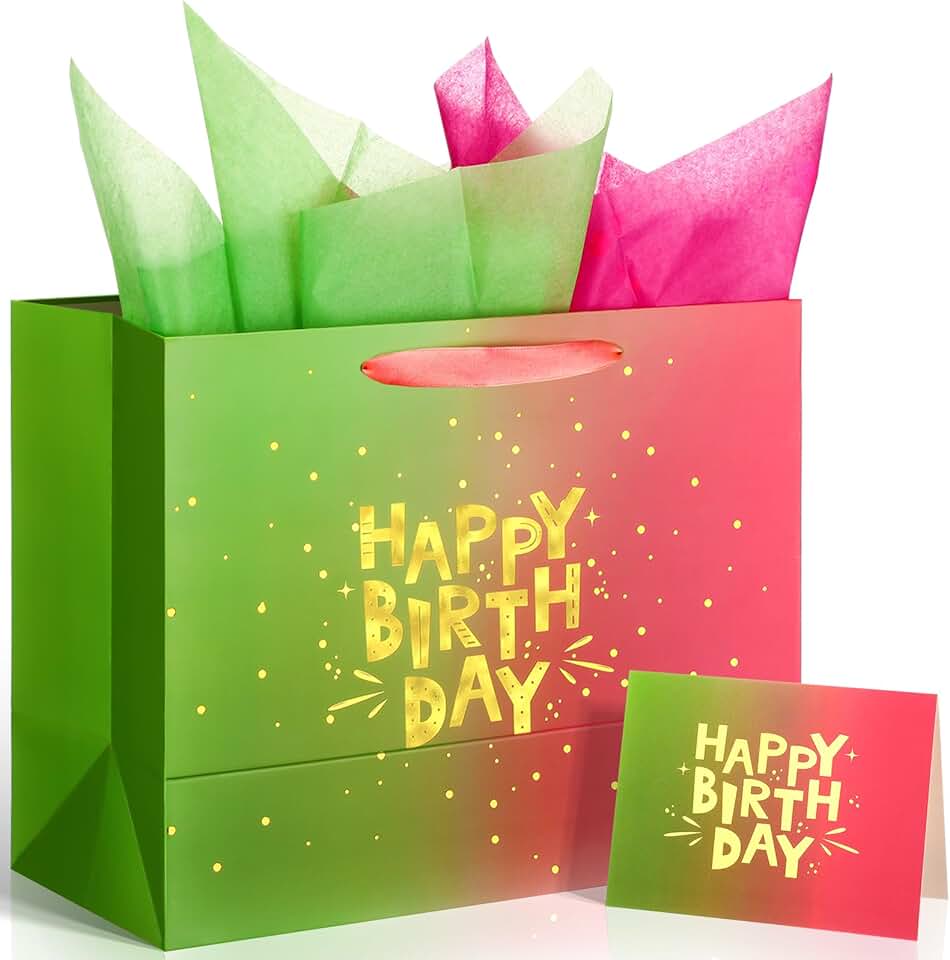 Pink and Green Birthday Gift Bag with Tissue and Card