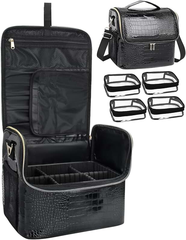 Large Makeup Train Case with 4 Small Bags and Adjustable Dividers