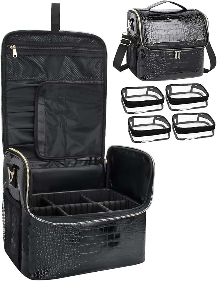 Large Makeup Train Case with 4 Small Bags and Adjustable Dividers