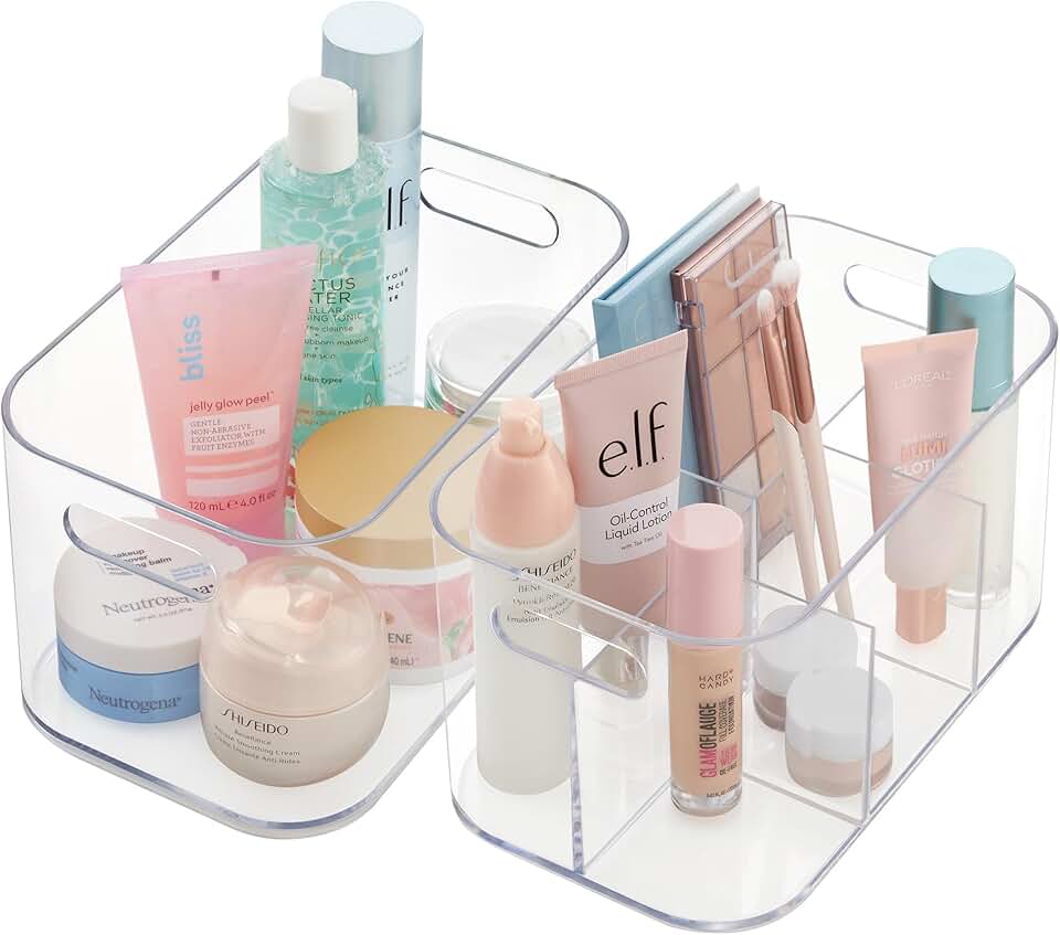 10-inch clear plastic storage bin with compartments