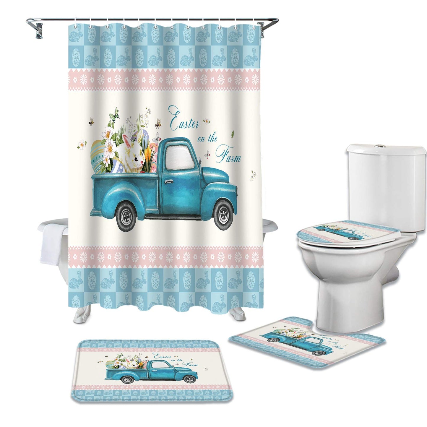 4 Piece Shower Curtain Sets Happy Farm Lovely Bunny Egg Truck Blue Buffalo Plaid Non- Rug, Tet Lid Cover, Bath Mat Waterproof Shower Curtain Bathroom Sets with 12 Hooks Bath Decor