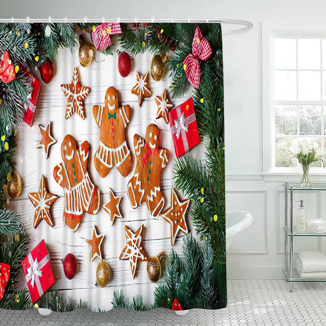 4 Piece Gingerbread Man Shower Curtain Waterproof Gingerbread Stars Snowflakes White Wooden Table Bathroom Sets with Non- Rugs, Tet Lid Cover and Bath Mat with Standard Size