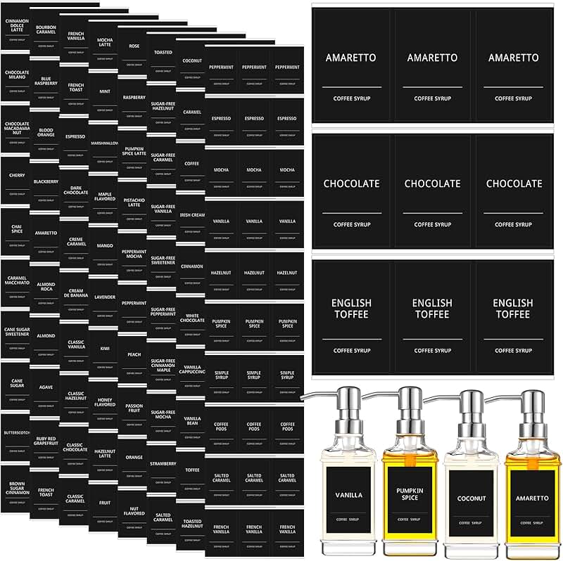 118 Coffee Syrup Bottle Labels Waterproof Black