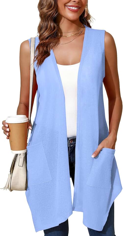 Lightweight sleeveless drape cardigan with pockets