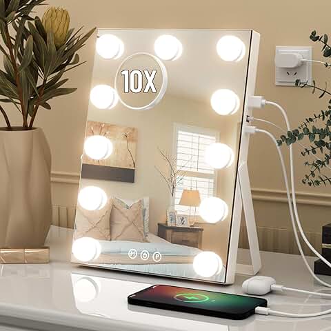 Lighted Makeup Mirror with Magnification and Dimmable LEDs