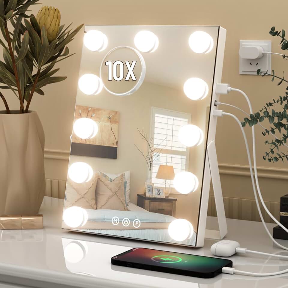 Lighted Makeup Mirror with Magnification and Dimmable LEDs