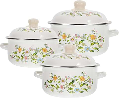 Set of three small enamel sauce and stew pans