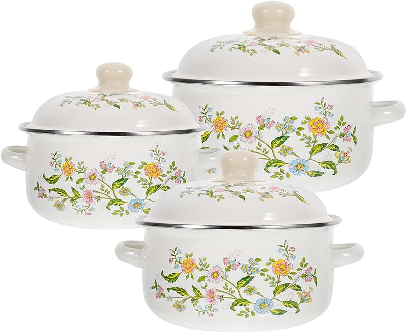 Set of three small enamel sauce and stew pans